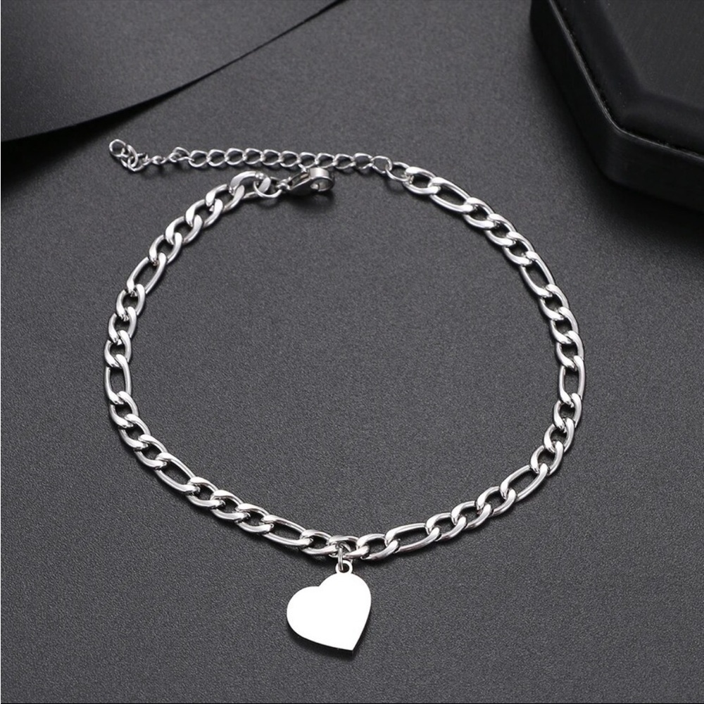 NEW Silver Figaro Chain Heart Charm Ankle Bracelet Anklet